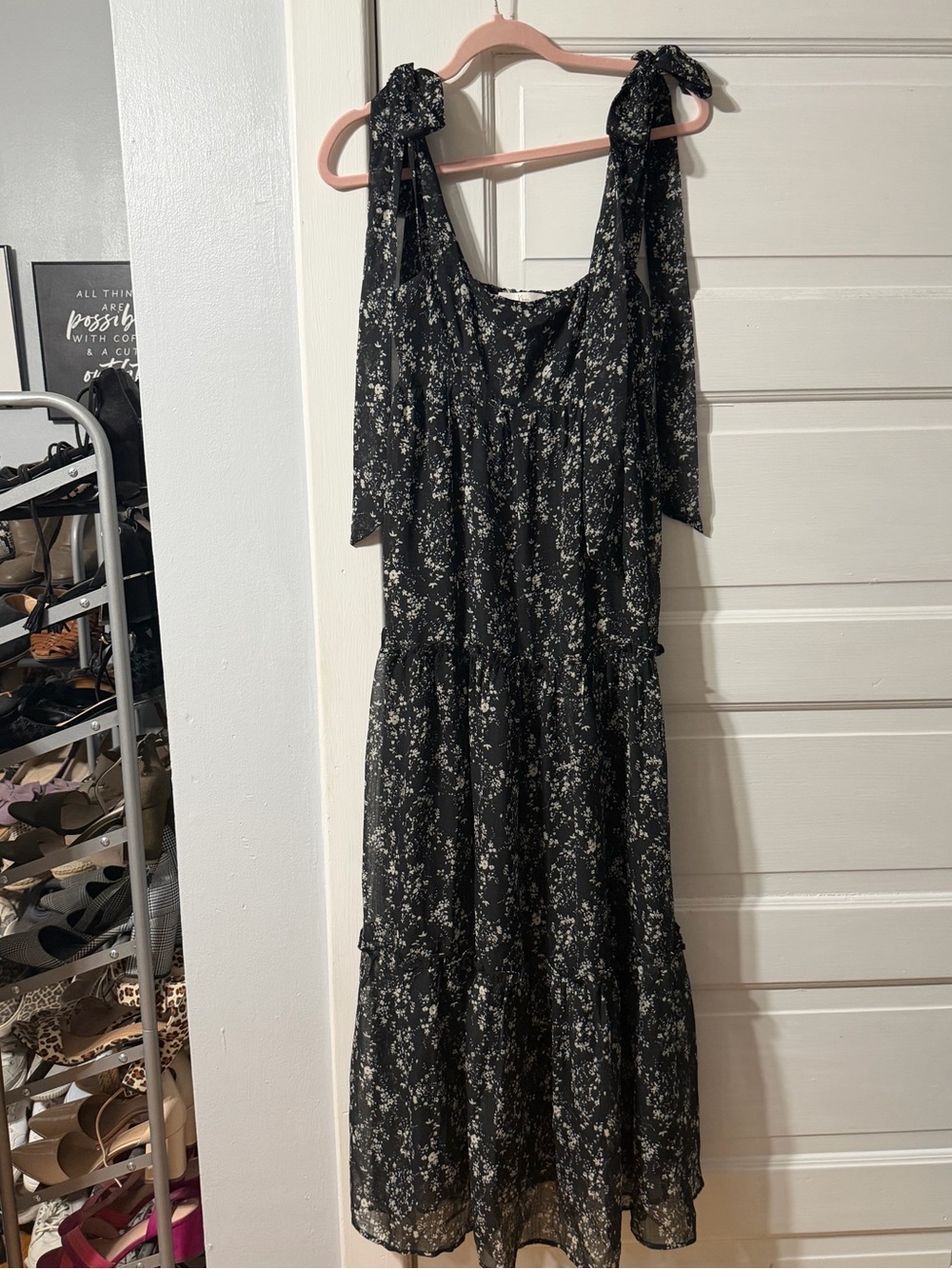 Black Floral Midi Dress with Tie-Strap Shoulders
